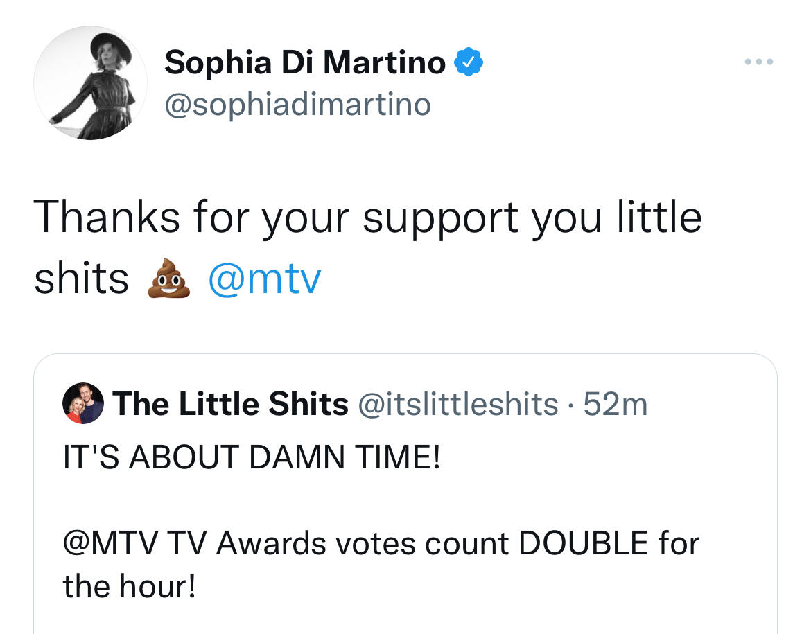 Twitter reply from Sophia Di Martino that reads "Thanks for your support you little shits (poo emoji) @mtv"